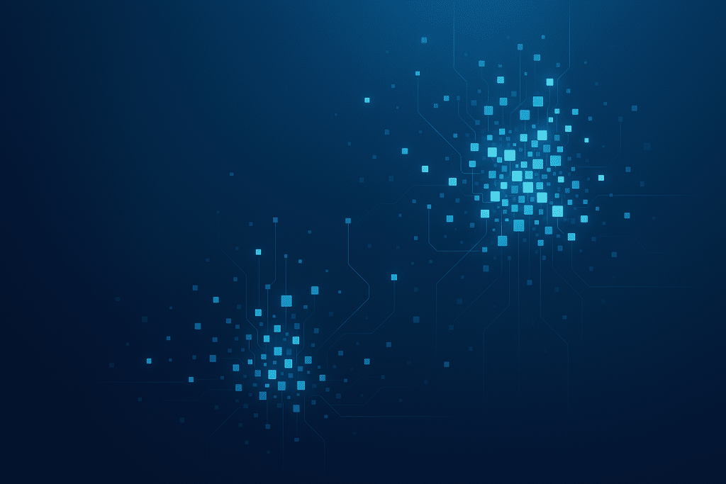 Abstract blue tech background with small glowing squares clustering together, connected by thin digital lines.