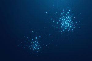 Abstract blue tech background with small glowing squares clustering together, connected by thin digital lines.