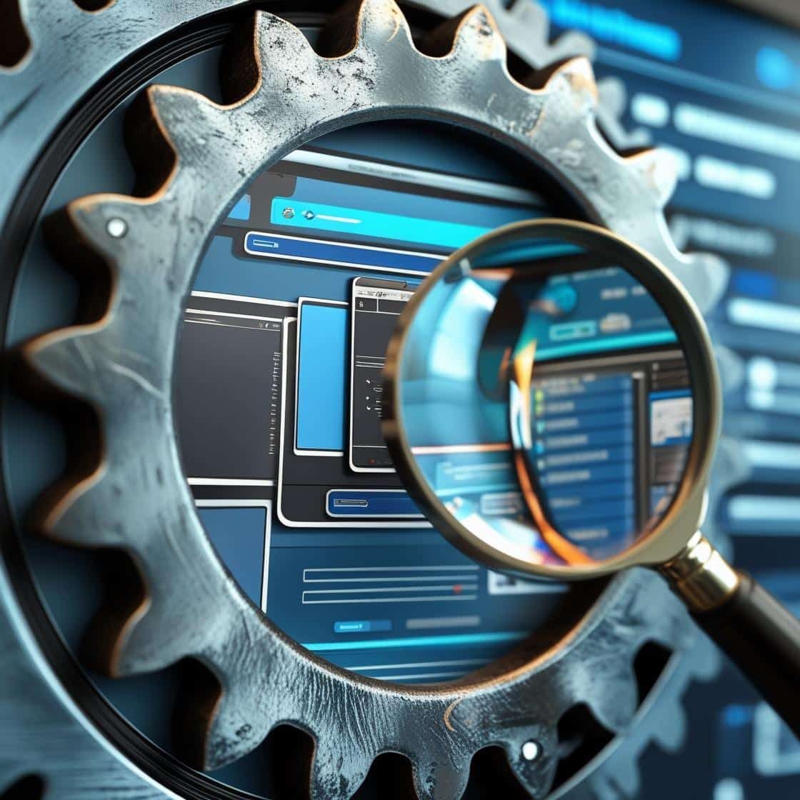 Create a computer screen or software interface inside a gear icon, with a magnifying glass examining it.