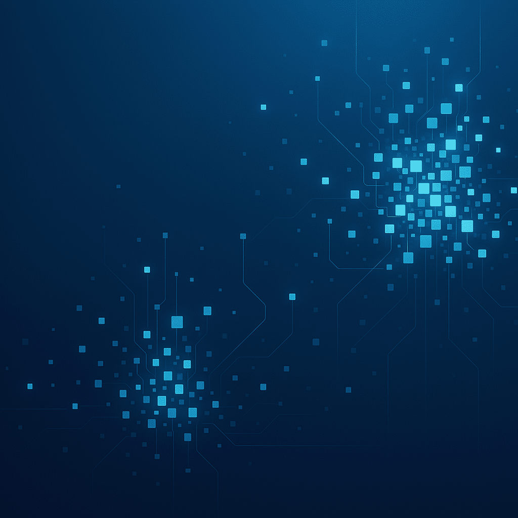 Abstract blue tech background with small glowing squares clustering together, connected by thin digital lines.