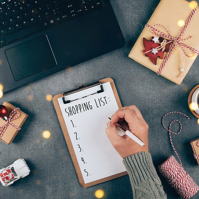 Christmas,Online,Shopping,Flat,Lay.,Girl,Writing,Shopping,List.,Laptop,